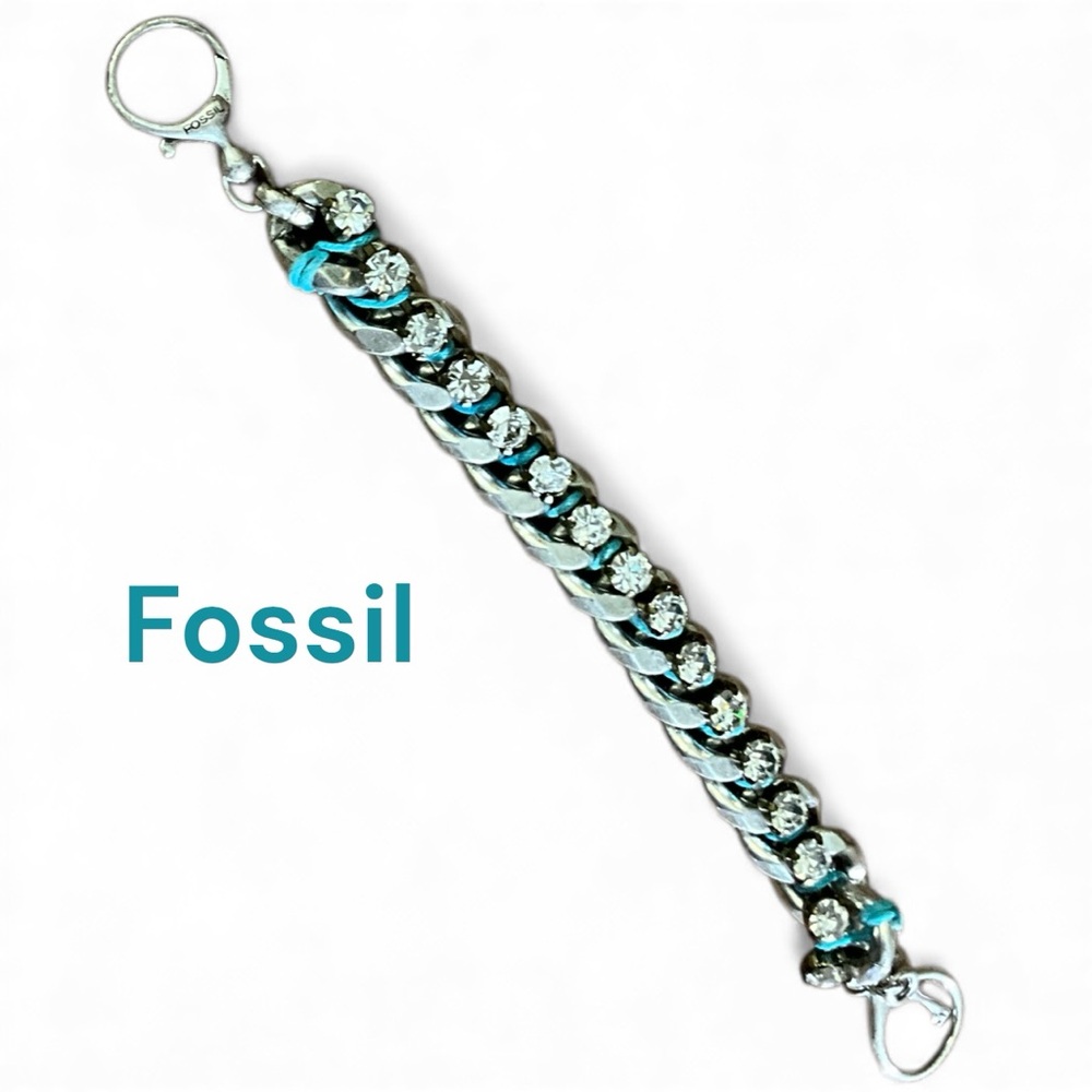 Fossil Silver Toned Metal and Sparkly Stone Accent Cord Chain Bracelet